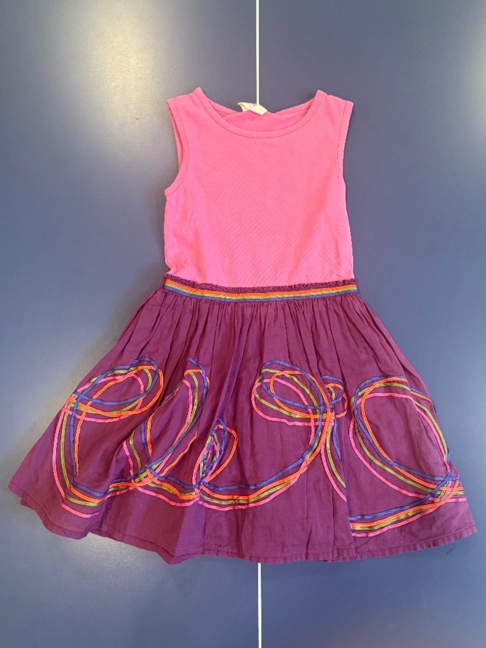 Mini Boden Pink and Purple Girls' Sleeveless Dress with Rainbow Trim